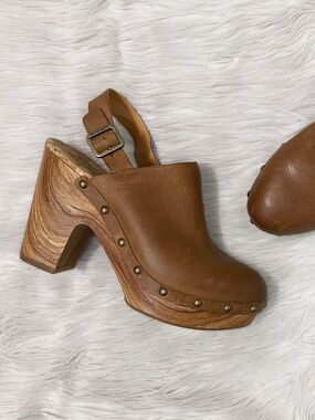 Kork-Ease Darby Tan Leather Woodgrain Wedge Slingback Clogs Bohemian Boho 6